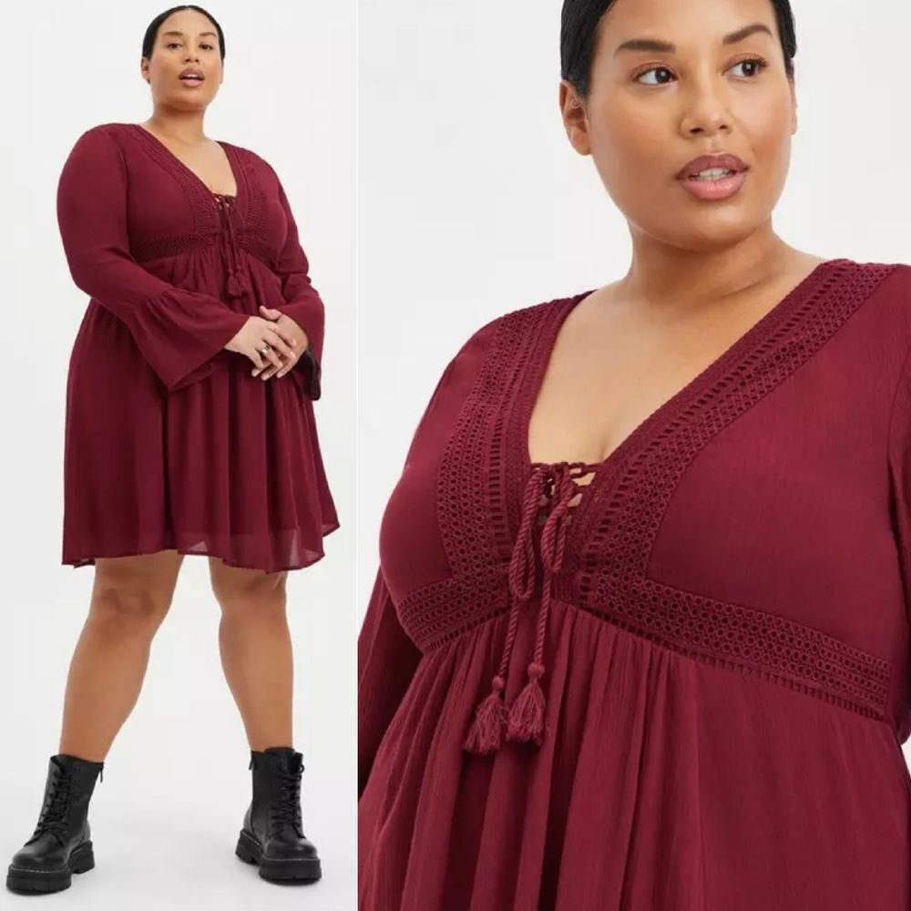 Torrid Burgundy Mini Gauze Lace Up Skater Dress Plus 3X Long Bell Sleeves